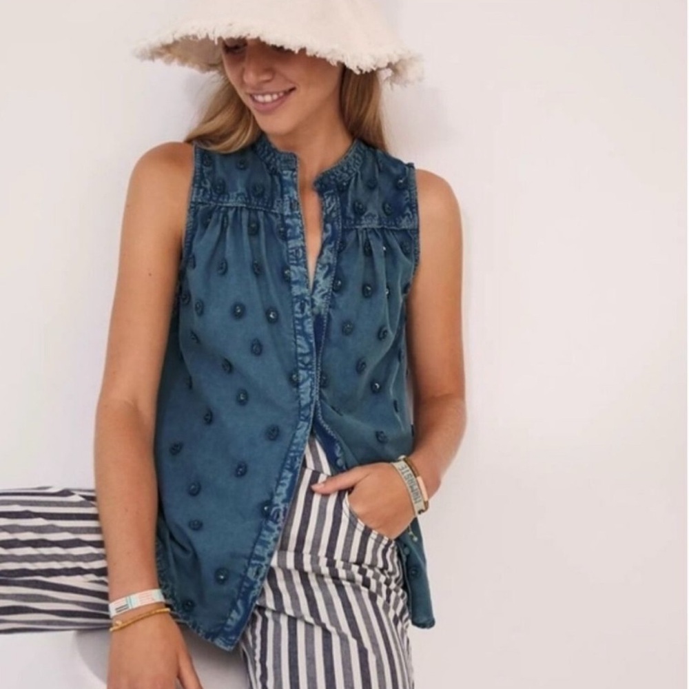Pilcro by Anthropologie Denim Sequin Button Down Sleeveless Shirt
